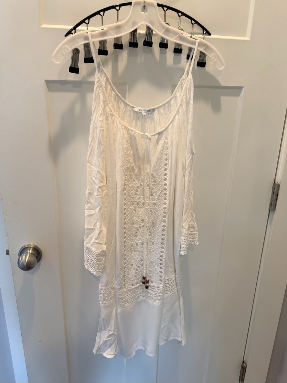 Blue Island White Crochet Cold Shoulder Tunic Beach Cover Up Size Large